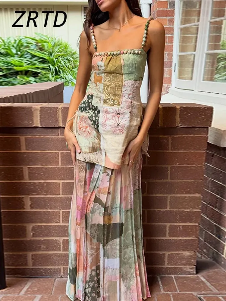 Sexy Printed Beaded Long Women's Dress Patchwork Sleeveless Backless A-line Sling Dresses 2026 Summer Lady Holiday Robes — image 2
