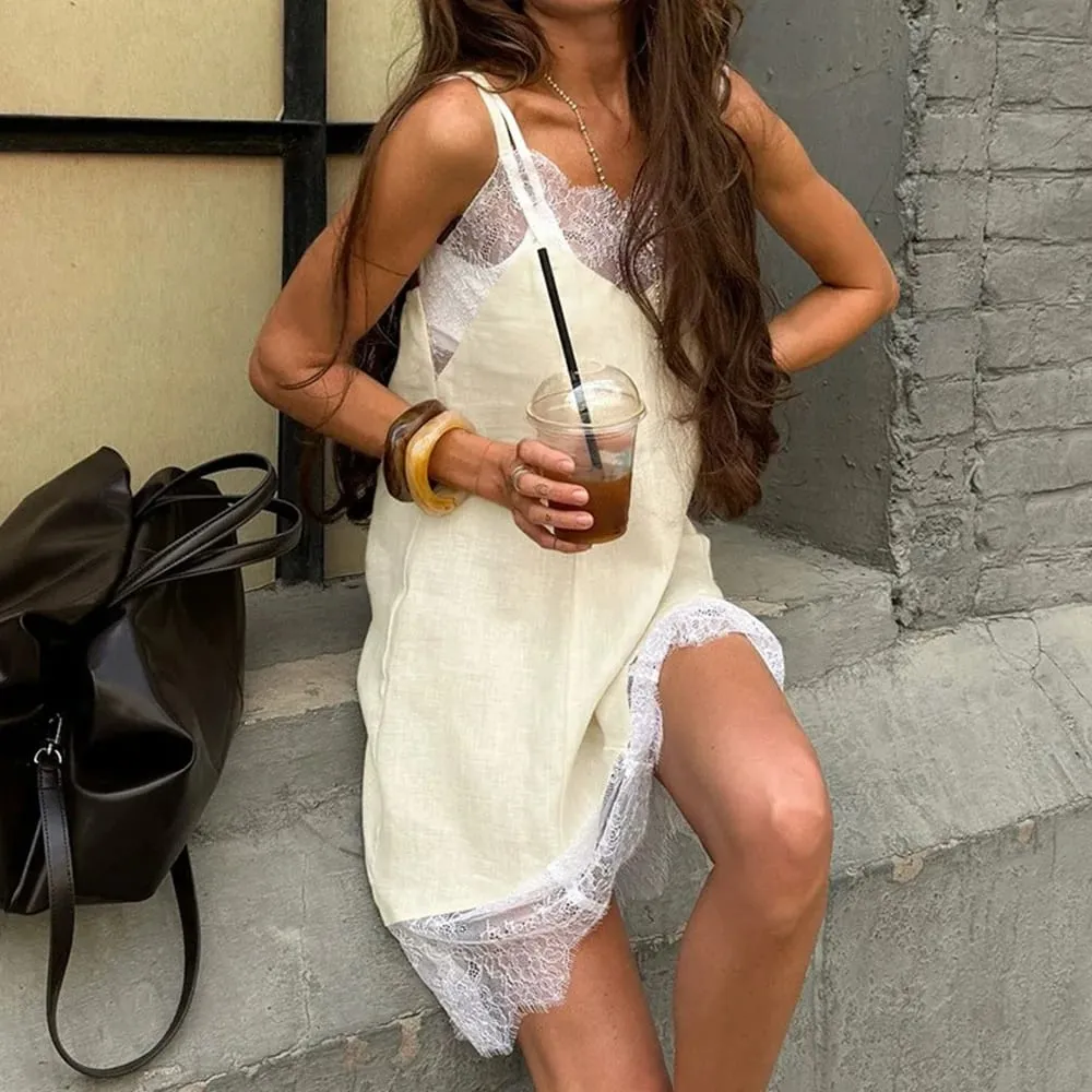 Bornlandies 2026 New Summer Casual Lace Patchwork Camisole Skirt Cotton Loose Light Yellow Sleeveless Dress — image 2