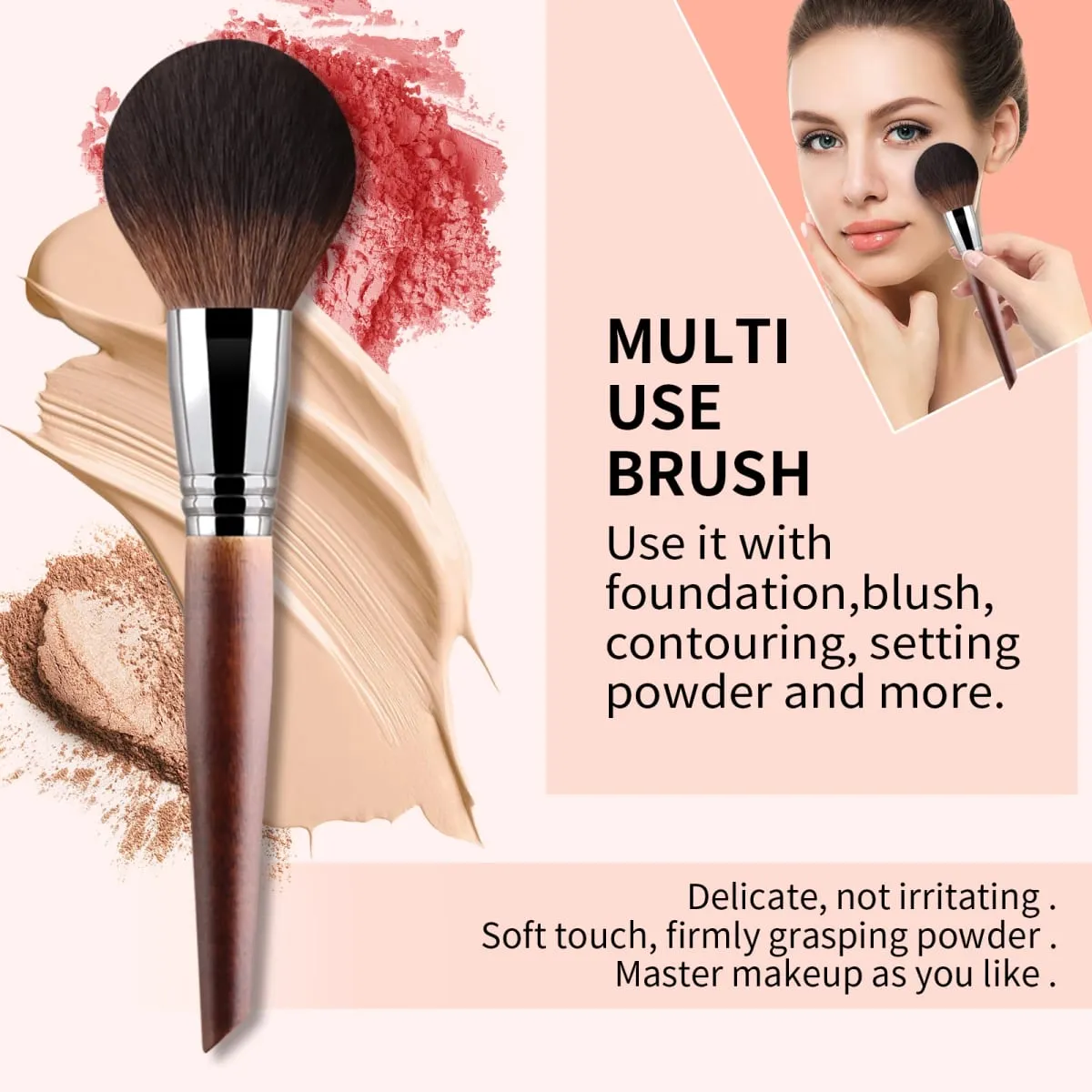 3Pcs Solid Wood Handle Powder Brush Set Round Setting Powder/Angled Contour/Flame Blush Brush Synthetic Fiber — image 6