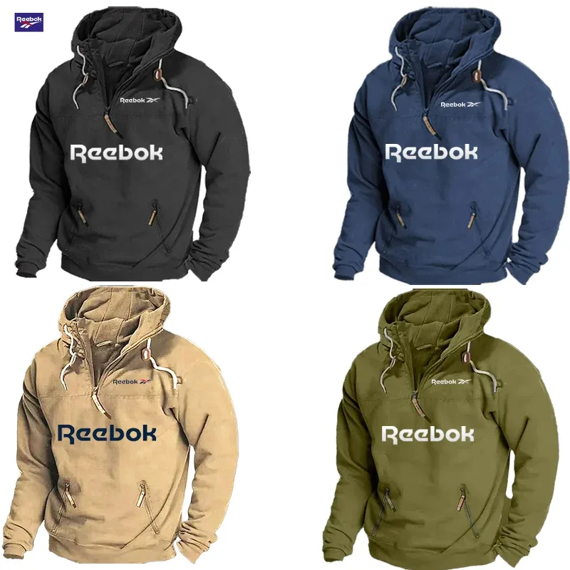 Reebok Men's Spring/Autumn Hooded Sweatshirt, Retro Sports Style, Loose Casual Top, Solid Color with Multiple Zippers Design — image 5