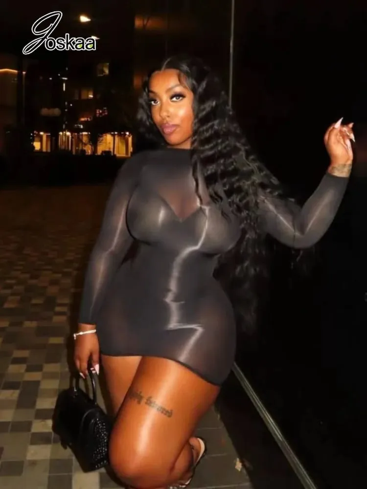 Joskaa Transparent Stretch Seamless Shiny Lingerie Dress Long Sleeve Tight Bodycon Pencil Skirt Nightwear Ntimate Night Dress — image 1