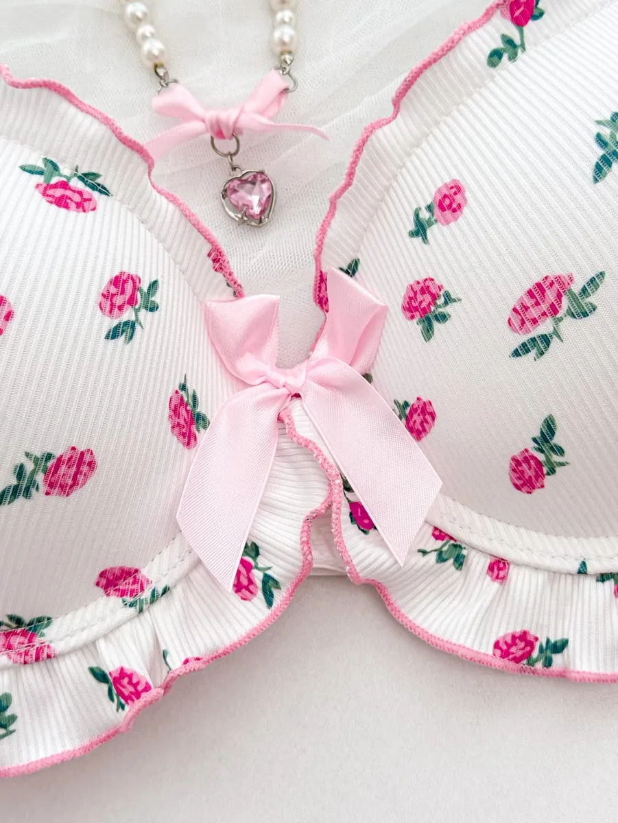 Cute Floral Pattern Women's Underwear Set Stylish Bow Ribbed Bra Soft Ladies Panties Ruffled Trim A B C D Cup Women's Bra — image 5