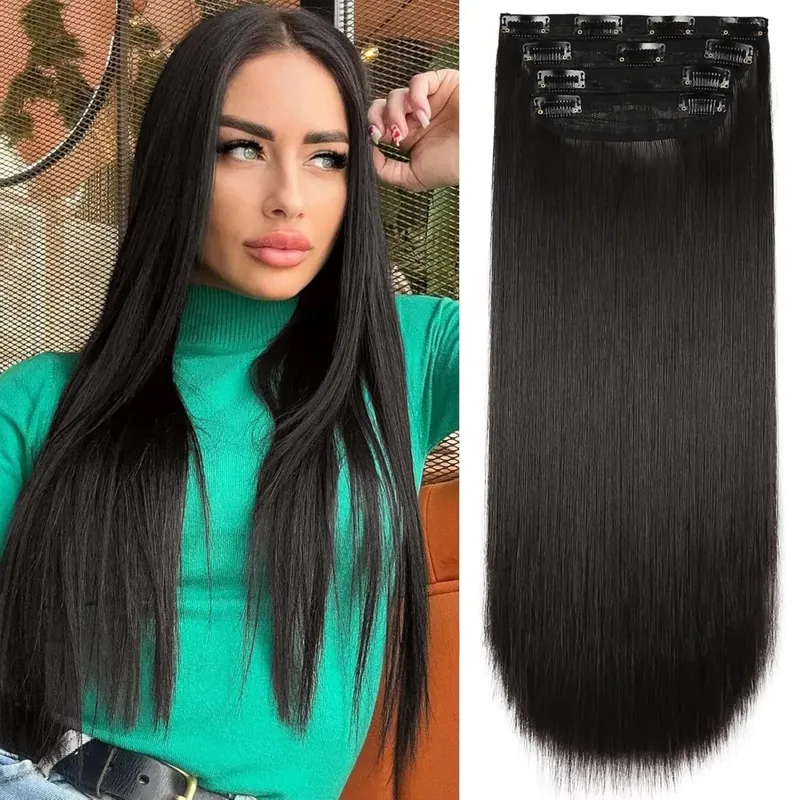 Synthetic 20 Inch Straight Clip In Hair Extensions 4Pcs Soft Thick Black Hair Pieces Available In 3 Colors For Women Daily Use