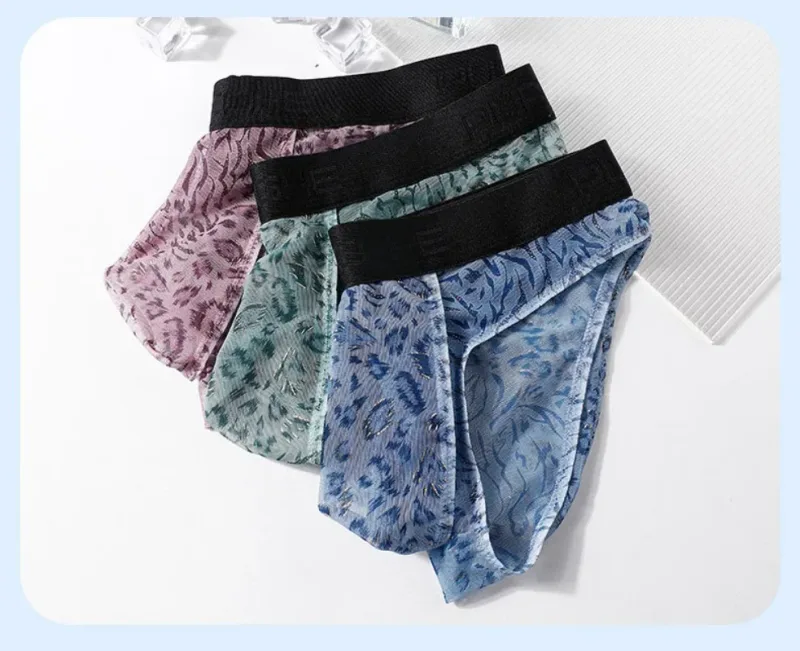 Slip séparé à double pochette pour hommes, culotte d'été en soie glacée, transparente, en maille respirante, imprimé léopard, sous-vêtements de voyage à séchage rapide — image 9
