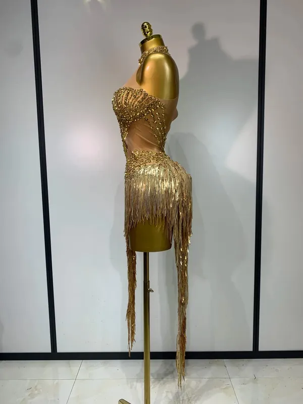 Sexy Stage Costume Sparkly Rhinestone Mesh Transparent Sequins Tassel Evening Birthday Party Nightclub Dance Singer Outfit