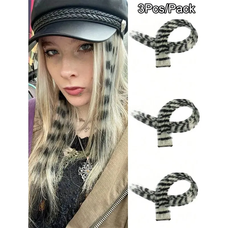 3Pcs Leopard Print Hair Extensions Synthetic Stripe Printed Hair Piece Colorful Long Straight Clip In Hair For Women Girls Party — image 12