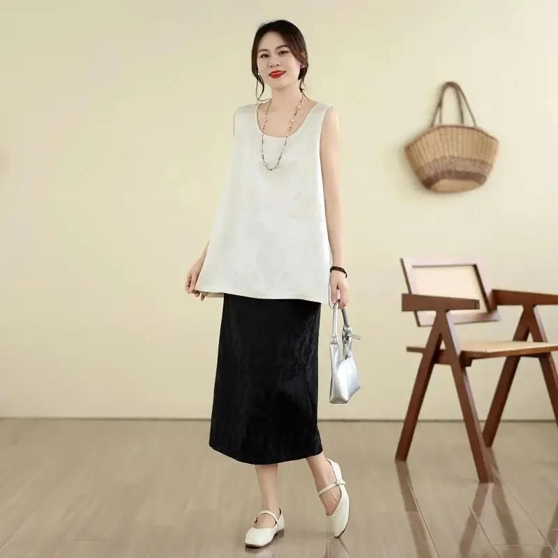 New Chinese Style Jacquard Satin Tank Top Middle Aged Women Loose U Neck Sleeveless Blouse Elegant Acetate Vest For Moms — image 9