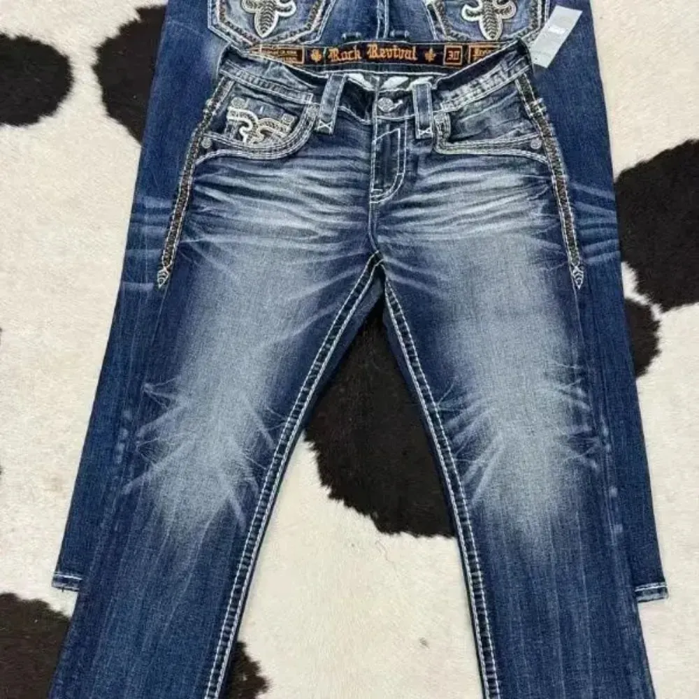 Retro trendy brand washed high elastic wide leg flared jeans Y2K summer blue embroidery American Gothic new fashion heavy street — image 3