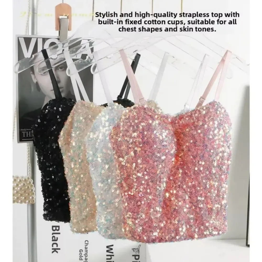 Shiny Sequin Sequin One-Piece Tank Top Fixed Wrap Chest High Elasticity Backless Vest Underwear Short Base Layer Vest Top Summer — image 2