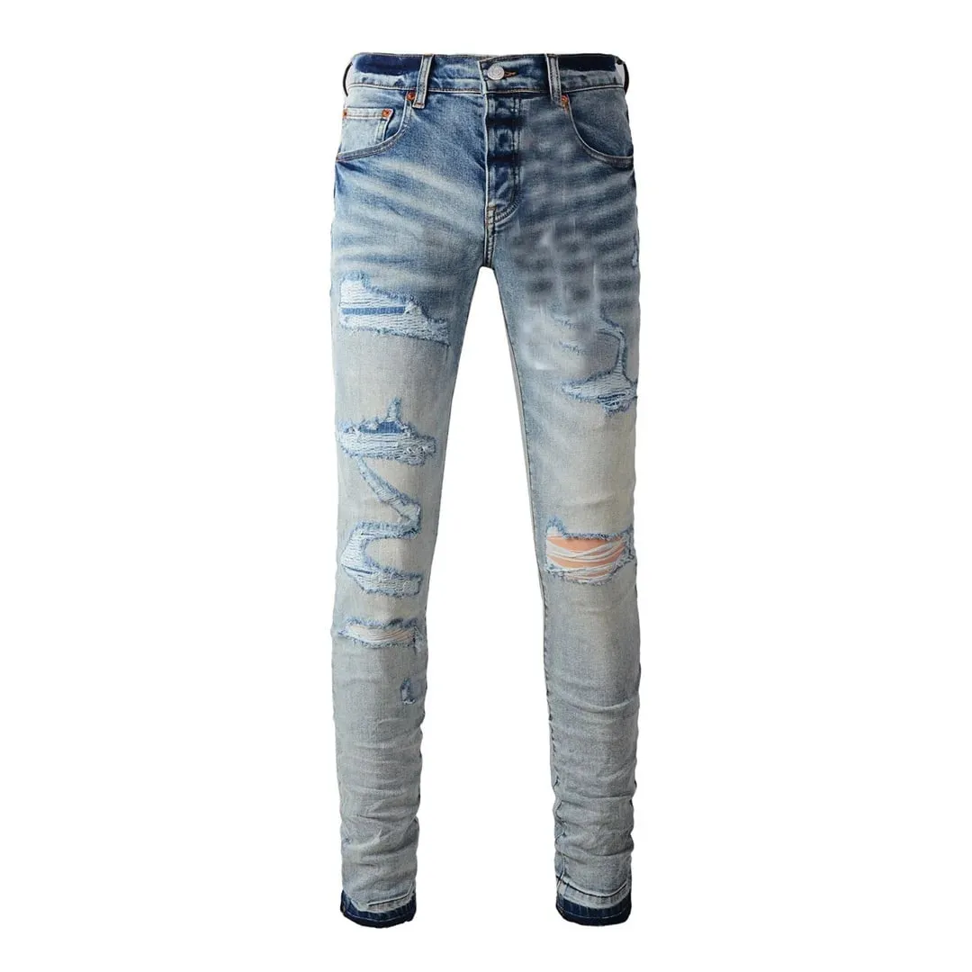High Street Brand Men's Jeans American Distressed Coated Blank Stretch Skinny Button Fly Ripped Pants Trousers — image 7