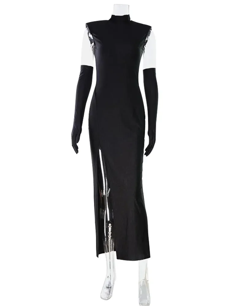 Ahagaga Fashion Women's Maxi Dress With Scarf Half Turtleneck Solid Sheath Bodycon High Split Party Eelgant Trend Vestidos Robes — image 7