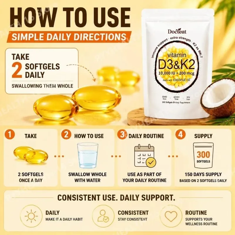 Docteat Vitamin D3 & K2 Softgels with Immune Support and Bone Health Coconut Oil GMO Free Gluten Free Soy Free 300 Softgels — image 6