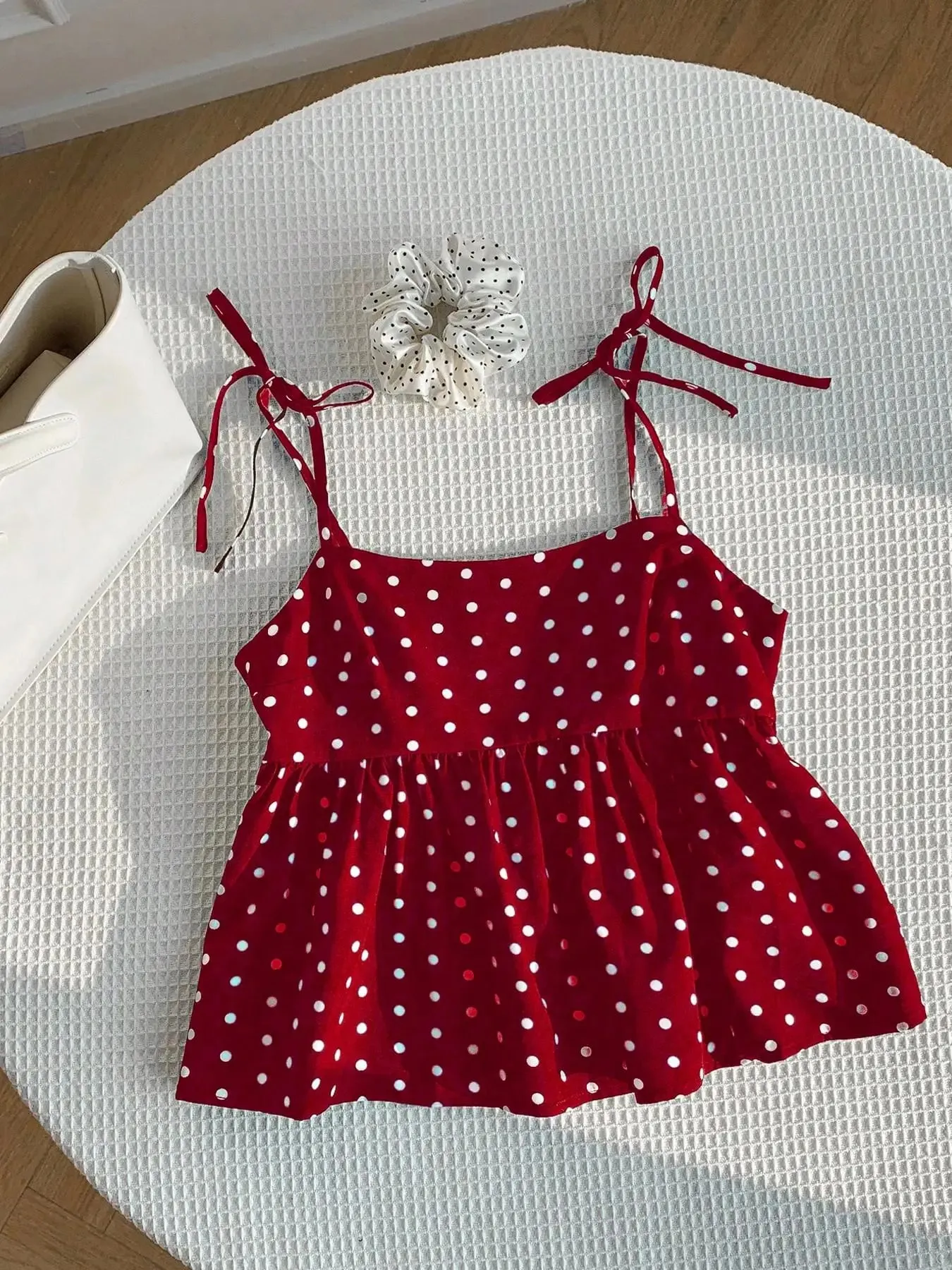 Women's Polka Dot Crop Cami With Spaghetti Straps And Flared Hem Polka Dot Camisole Babydoll Top Babydoll Tops Polkadot Top Cute — image 9