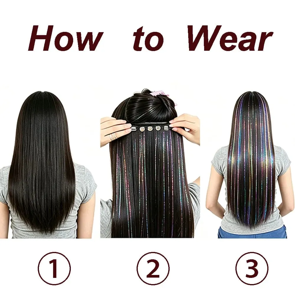 24Inch Synthetic Long Straight Clip‑in Hair Extensions Sparkling Tinsel Hair High‑Temp Fiber Hairpiece for Women Party Cosplay — image 6
