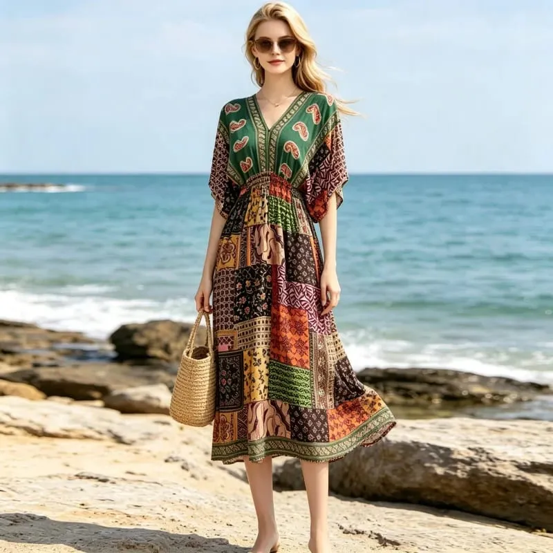 Boho Holiday Women V-Neck Batswing Short Sleeve A-Line Midi Dresses Slim Elastic Waist Casual Vintage Office Lady Elegance Dress