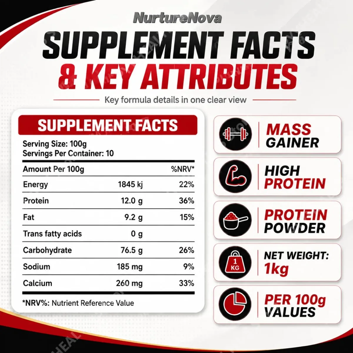 Mass Gainer Protein Powder NurtureNova New Formula High Protein for Muscle Building Support Sports Nutrition Supplement 1kg — image 3
