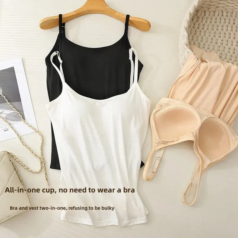 3XL For 45-85kg Modal Plus Size Camisole Tank Top With Fixed Cup Women's Chest Padded Outer Wear Bottoming Underwear Wear-Free