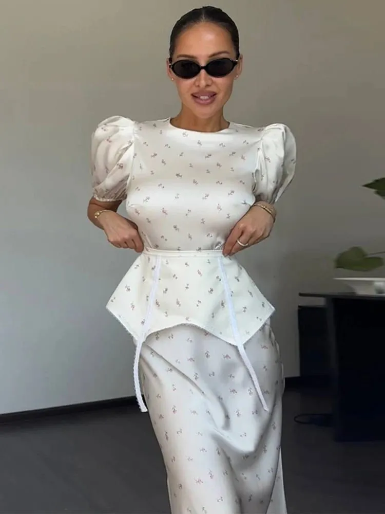 Women's White Floral Print Puff Sleeve Dress With Waistband Fashion Satin Ruffled Hem Maxi Dresses Lady 2026 Elegant Party Robe — image 1