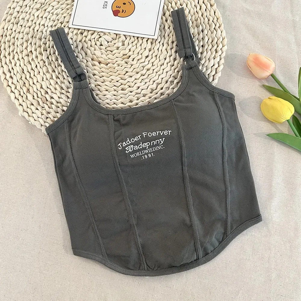 Brief Druck Crop Tops Frauen Sommer Tops Sexy Leibchen Quadrat Kragen Tank Top Y2K Nahtlose Weibliche Crop Tops Gepolsterte Mode