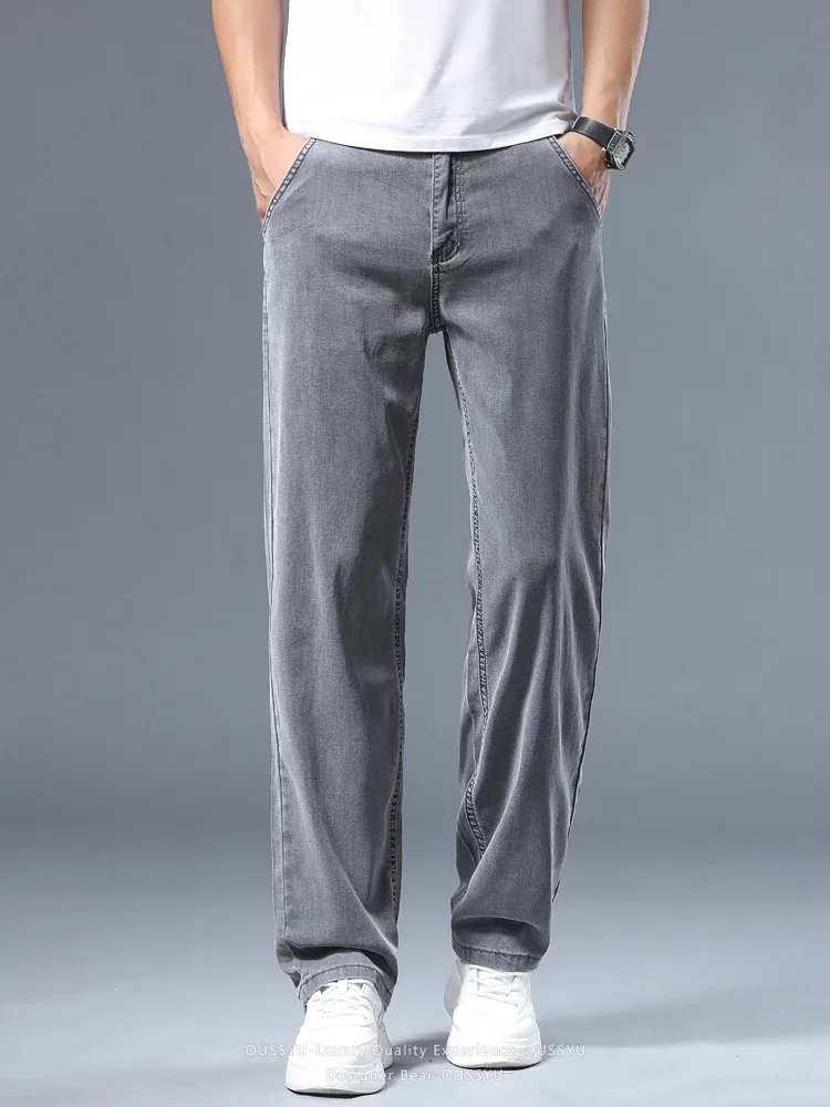 Summer Thin Men's Loose Straight Jeans Lyocell Soft Drape Business Casual Trousers Smoke Gray Ice Silk Pants Plus Size 40 42