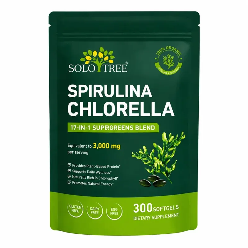 Solo Tree Spirulina Chlorella Softgels with Organic Microalgae Vitamin B6 B12 Digestive Balance & Immune Support 300 Softgels