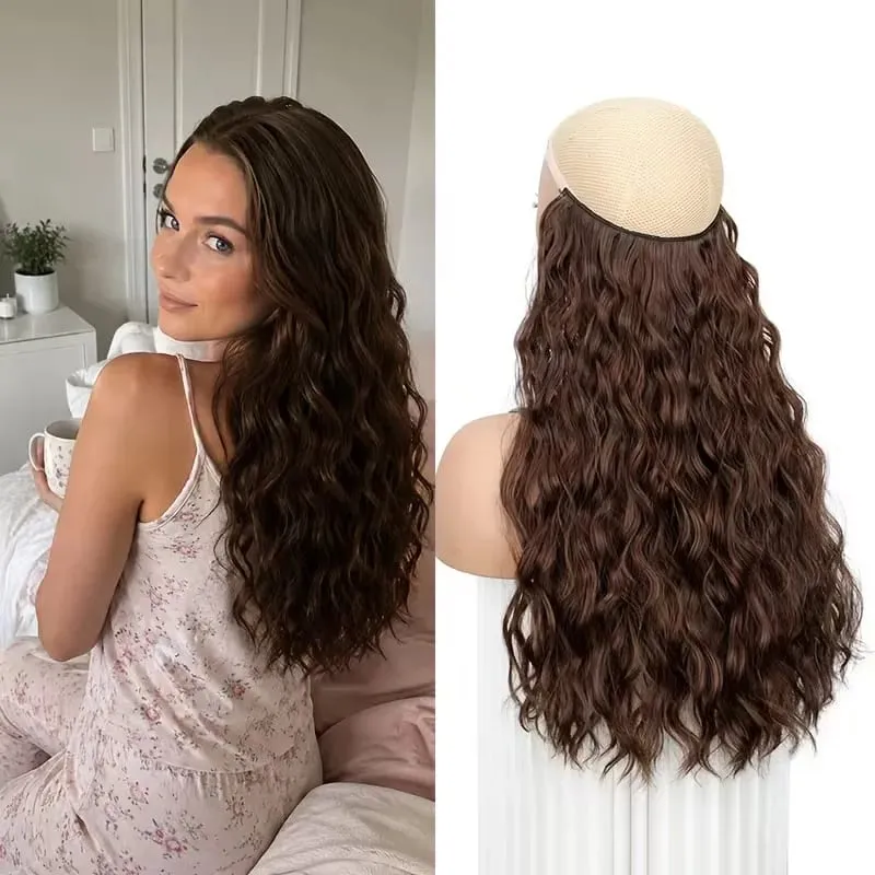 18Inch Synthetic Invisible Fish Line Hair Extensions Long Curly Wavy High Temperature Fiber Hairpiece for Women Daily Party