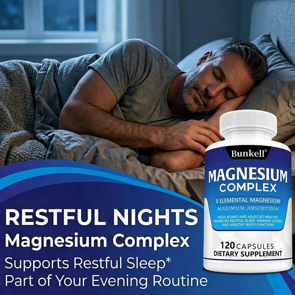 Magnesium Complex Supplement 8 Elemental 1000mg - for Bones Muscle Recovery Energy Vegan Non-GMO 120 Capsules