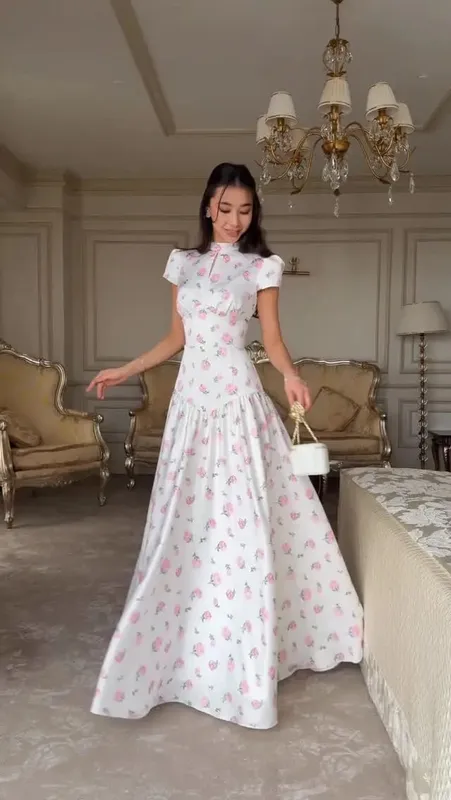 Women Chic Pink Floral Print Maxi Vestido Elegant V Neck Ruffle Trim Flare Sleeve Ruched High Chiffon Dress 2026 Party Outfit — image 24