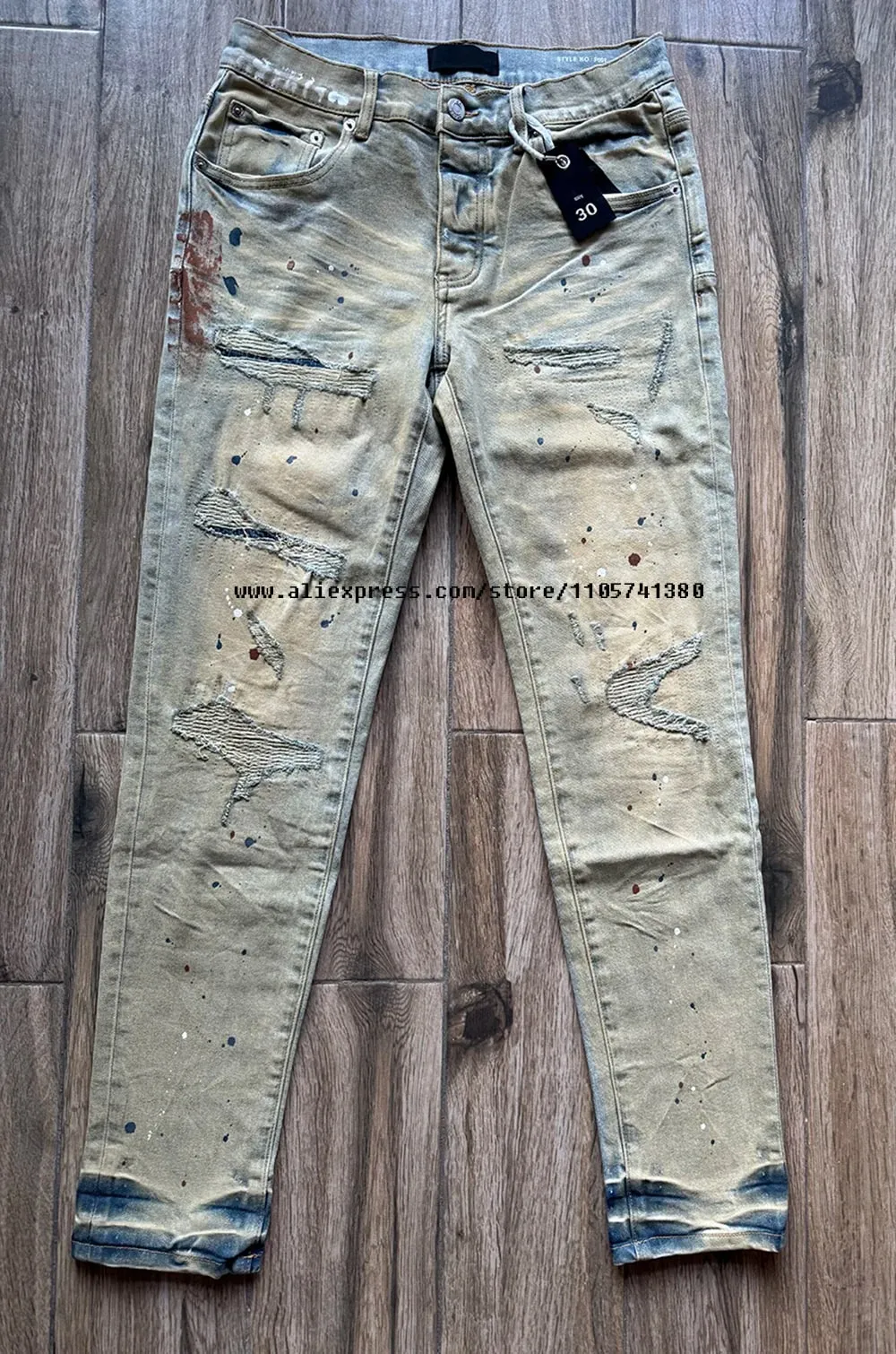 Men's High Street Distressed Washed Light Blue Graffiti Damaged Holes Stretch Skinny Button Fly Ripped Jeans Pants