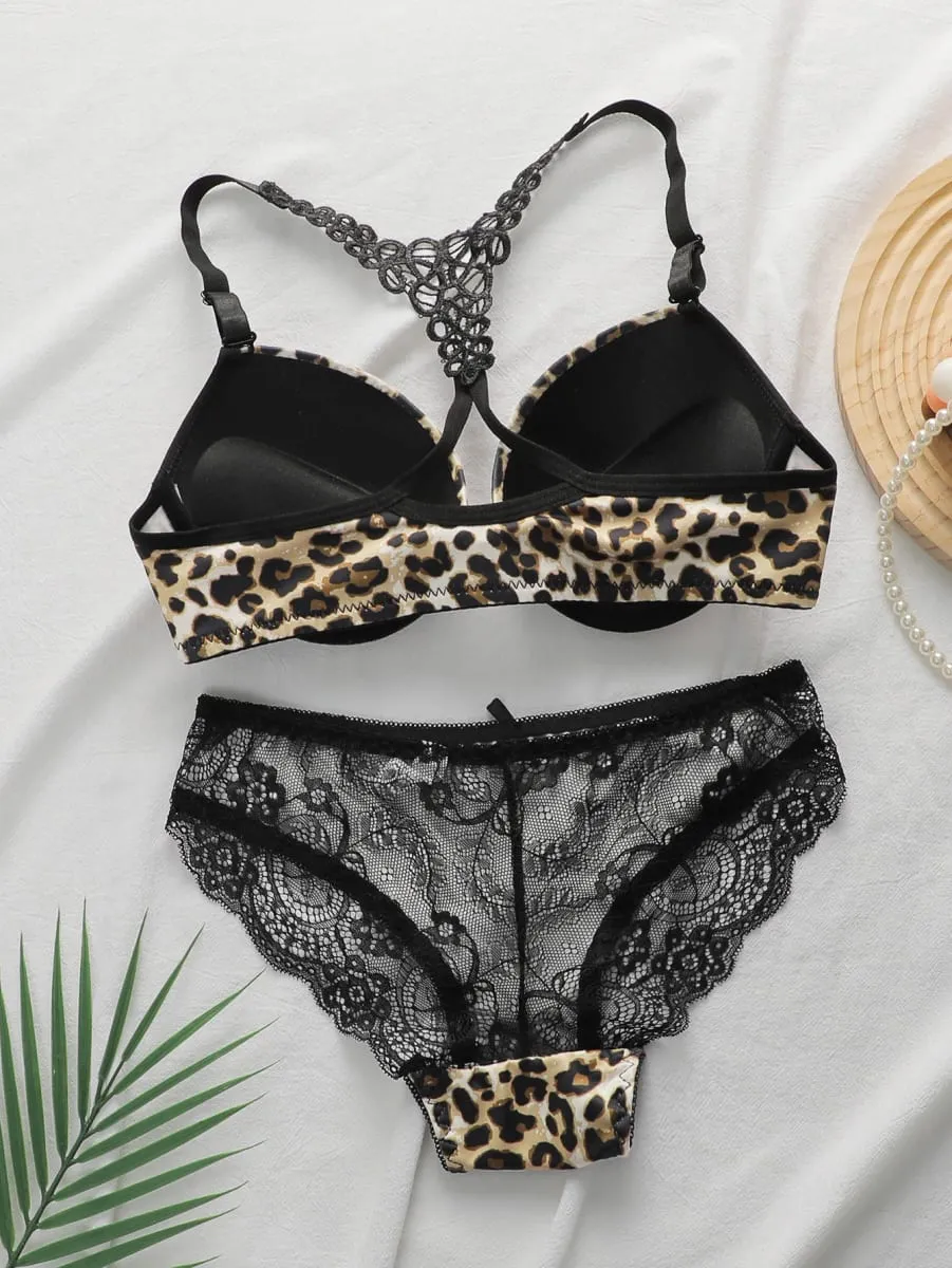 Leopard Print Front Closure Bra Set with Underwire Push Up Lingerie Set for Women Sexy Lace Bralette and Panty Two Piece Outfit — image 2