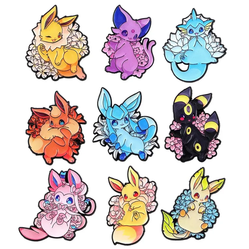 9Pcs Anime Pokemon Eevee Brooch Badge Eeveelutions Cute Cartoon Flareon Jolteon Espeon Leafeon Enamel Lapel Pins For Bag Gifts