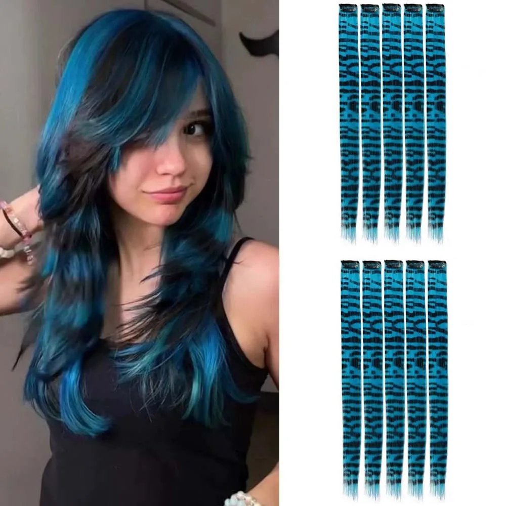 10pcs/set Stripe Printed Hair Colorful Long Straight Hair Pieces Synthetic Clip-in Hair Extensions for Daily Use Party Halloween — image 8