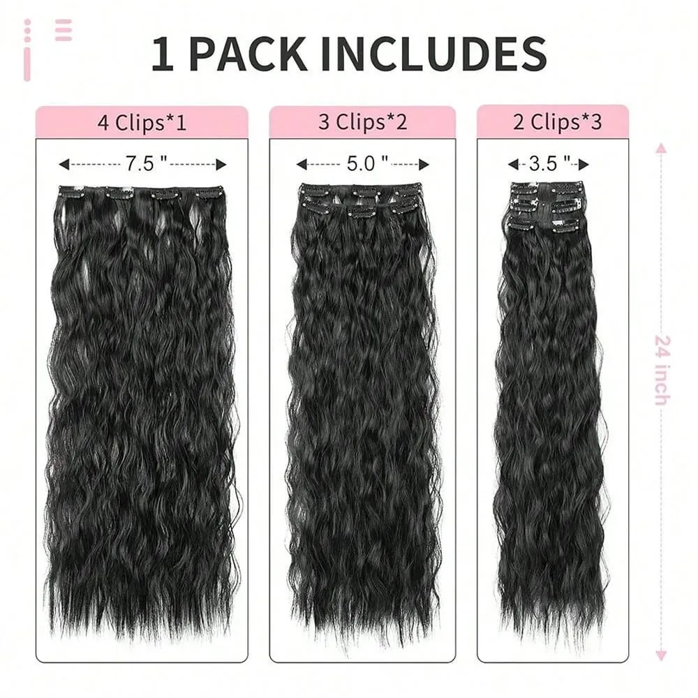 Synthetic Hair Extensions 16Clips In 6PCS Set Curly 24inch Long Clip On Hairpiece Corn Wavy Style For Women Girls Daily Party — image 4