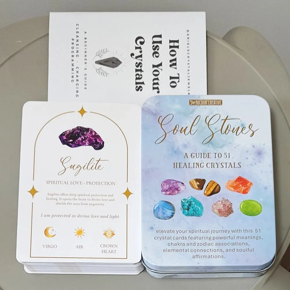 Soul Stones Crystal Oracle Deck、51 Healing Affirmation Cards in Tin Box with Guidebook 11.5*8cm Chakra Zodiac Element Cards