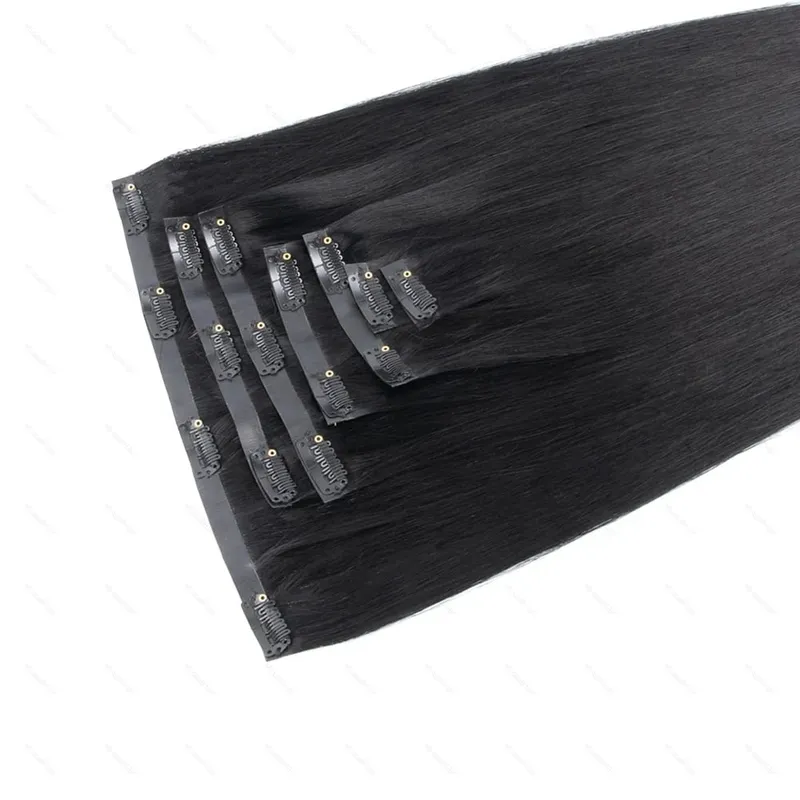 PU Clip Ins Human Hair Premium Remy Clip In Extensions On Tape Weft Silk Straight European Real Natural Hair 14-24inch 7pcs 110G