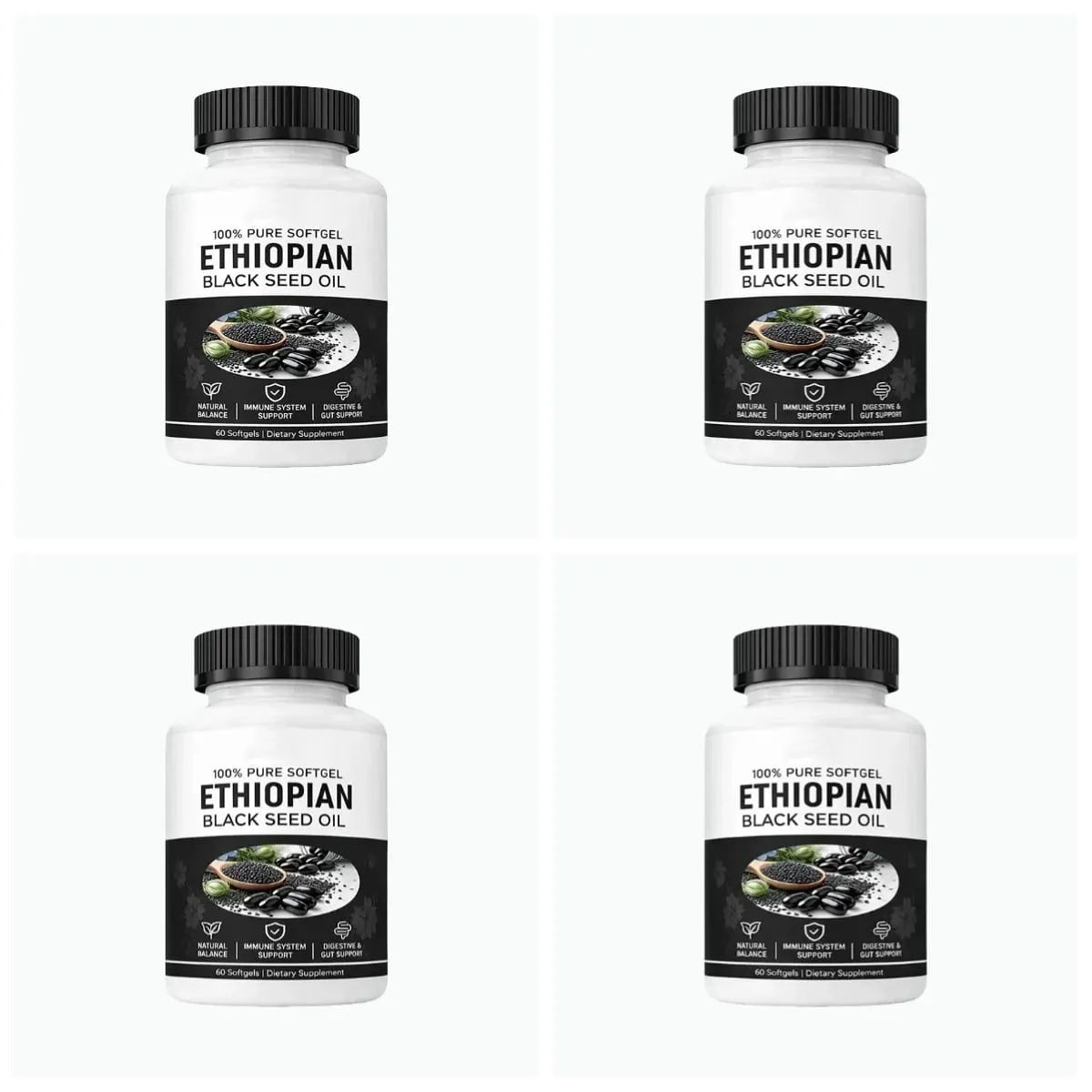 Ethiopian Black Seed Oil Softgels 800mg Cold Pressed Nigella Sativa Immune Digestive Gut Support Supplement 60 Count Non-GMO