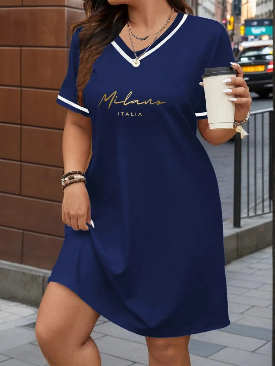 Fashionable Printed American Casual Style Color-Blocked V-Neck Short-Sleeve Long Top Loose Fit Casual and Slimming T-Shirt Dress Suitable for Spring and Summer Commuting and Home Wear Women's Clothing — image 6