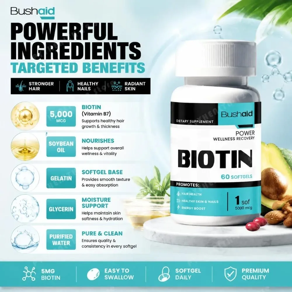 Bushaid Biotin 5000mcg Softgels Hair Skin Nails Vitamin B7 Keratin Support Energy Non-GMO Gluten Free 60 Softgels 60 Day — image 3