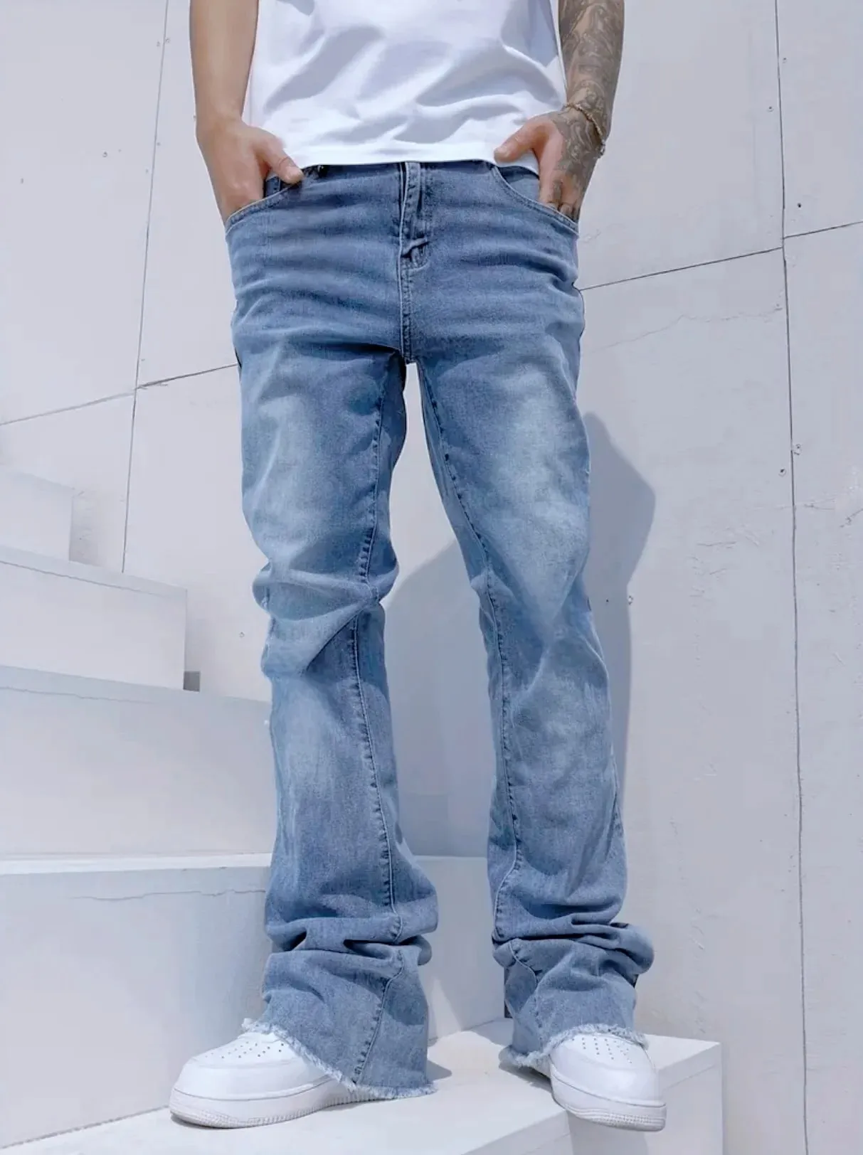 Slim Straight Jeans Men Sky Blue Fringe Cuff Detail Jeans Classic Mid Waist Solid Tone All Season Long Pants Urban Daily Stylish — image 4