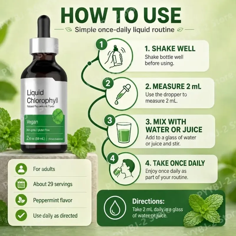 Chlorophyll Liquid Drops Mint Flavor 59ml with Herbal Plant Extract Natural Dietary Supplement Mix with Water for Consumption — image 3