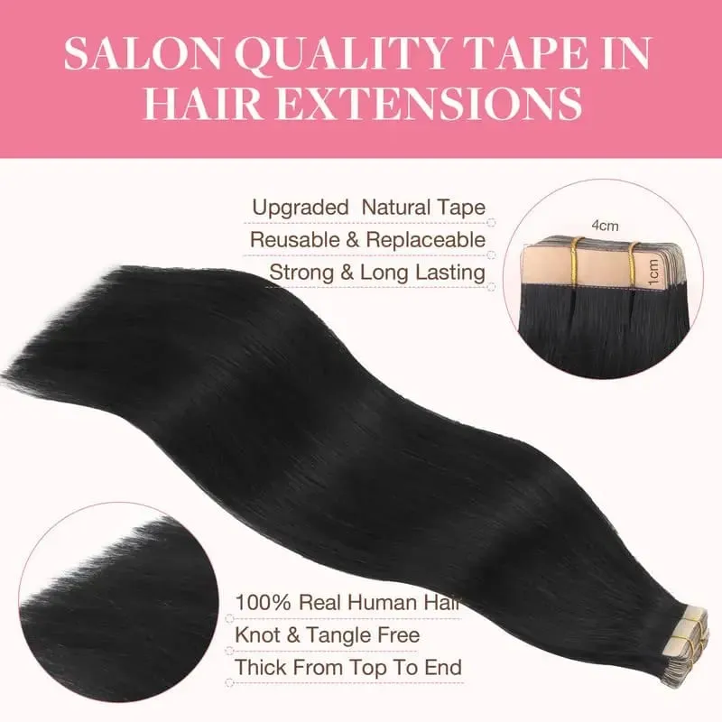Straight Tape in Hair Extensions Human Hair Natural Black 20 Inch 50g 20pcs Skin Weft Seamless Tape in Real Remy Straight Hair for Women — image 2