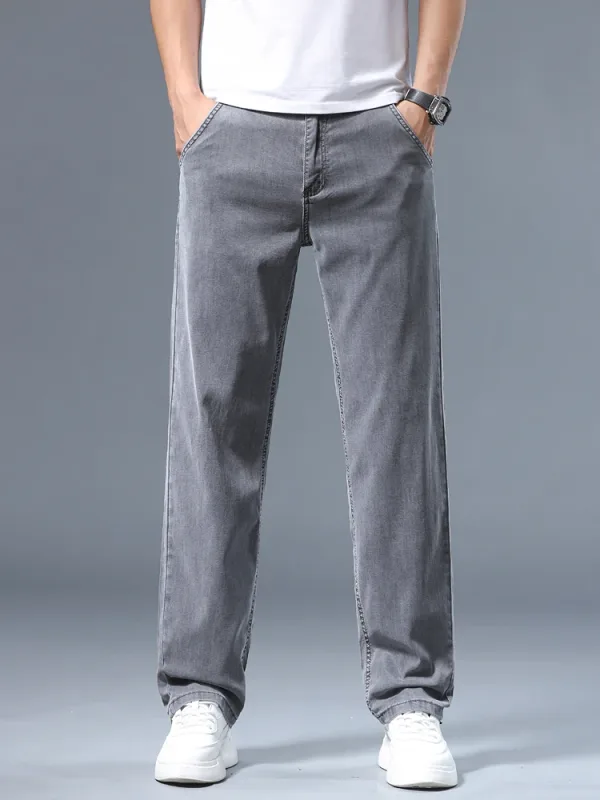 Summer Thin Men's Loose Straight Jeans Lyocell Soft Drape Business Casual Trousers Smoke Gray Ice Silk Pants Plus Size 40 42