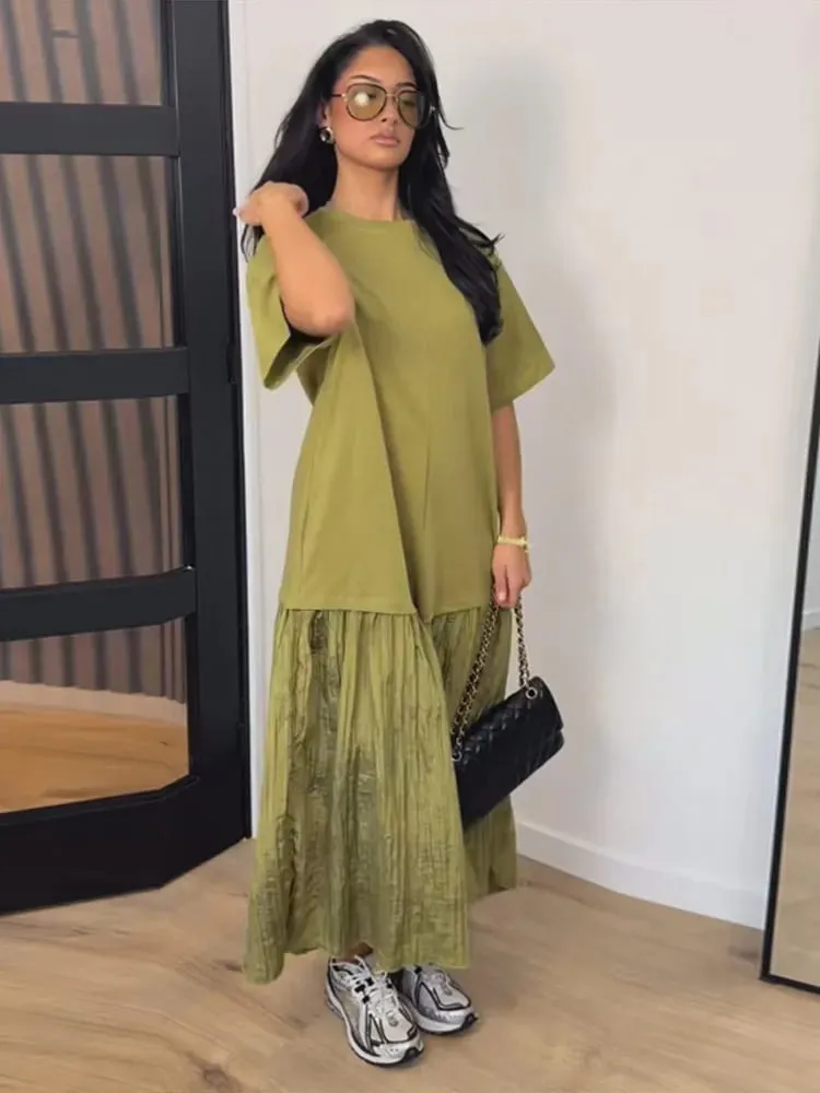 Fashion Patchwork Women Short Sleeve Dresses Casual O Neck Loose Female Solid Midi Dress 2026 Spring New Lady Long Robe Street — image 2