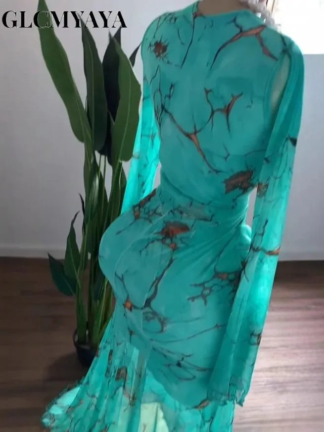 2025 Fall Women O-neck Long Sleeve Print Mermaid Maxi Dress 2025 Evening Birthday Beach Sexy Night Party Long Dresses — image 5
