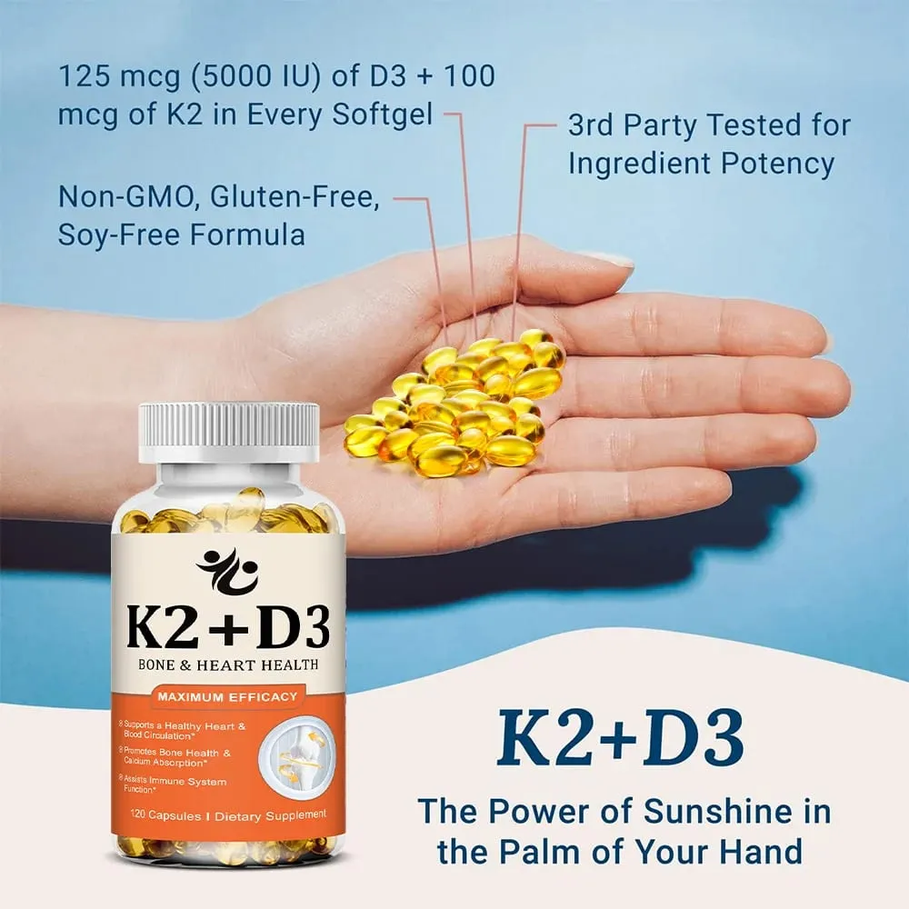 Vitamin D3 5000 IU + K2 MK-7 100mcg Capsules Support Nutrient Absorption Metabolism Bone Heart Health & Immune System — image 4