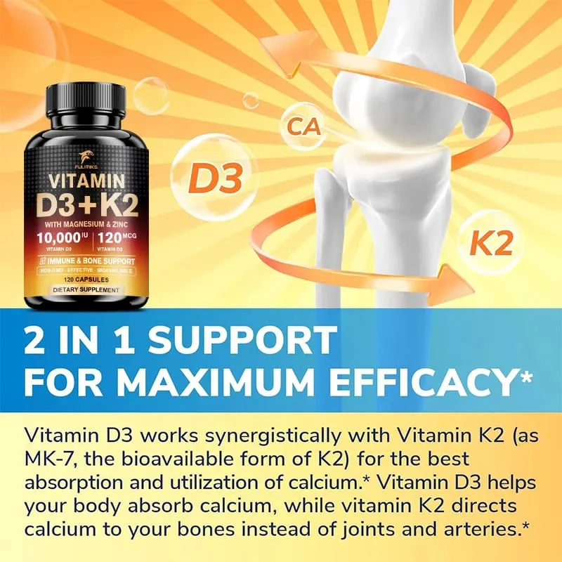 High Absorption Vitamin D3+K2 Supplement with Magnesium & Zinc Supports Bone Teeth Muscle & Immune Health for Daily Life