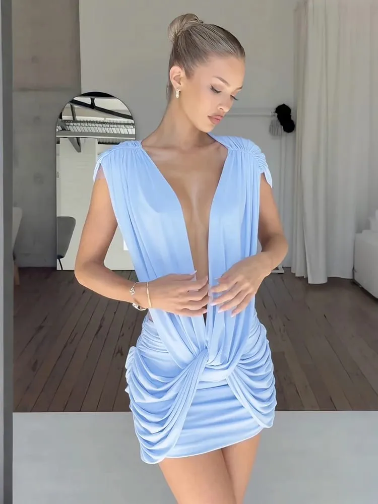 Kliou Ruched Kink Design Mini Dress Woman 2026 Spring New Style Deep V-Neck Sleeveless Skinny Peach Hip Street Elegant Bodycon — image 5