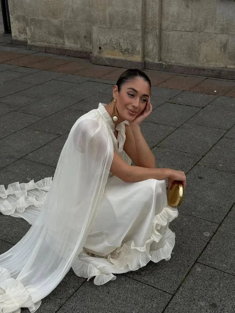 Ivory Sleeveless Ruffled Hem Maxi Dress Women Flowy Solid Cloak Long 2026 Spring Summer Fashion Vacation Leisure Lady Vestidos — image 6