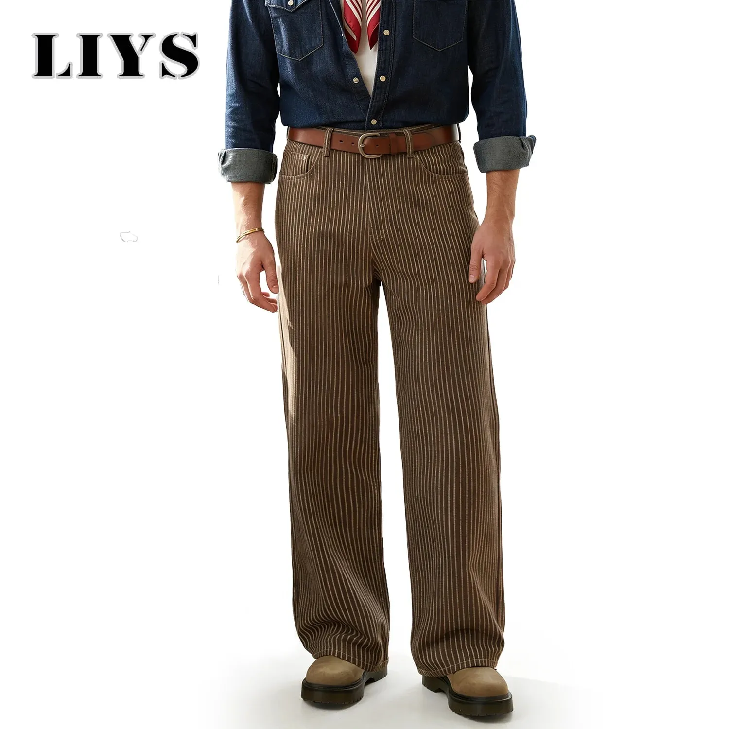 Japanese Korean Vertical Striped Jacquard Wide-leg Jeans British Retro Striped Business Casual Baggy-Fitting Denim Pants
