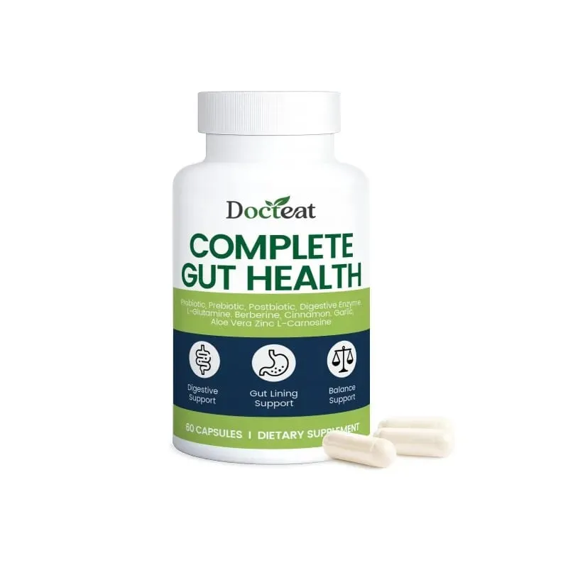 Docteat Complete Gut Health Capsules with Probiotic Prebiotic Postbiotic Digestive Enzymes for Gut Balance & Digestion 60 Count